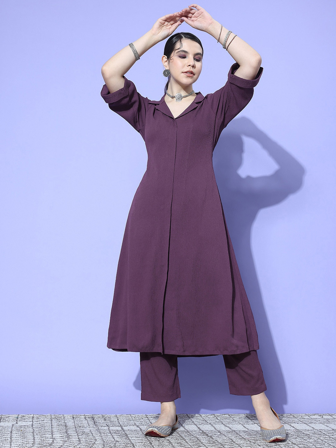 KALINI Lapel Collar Flared Sleeves A-Line Kurta With Trouser