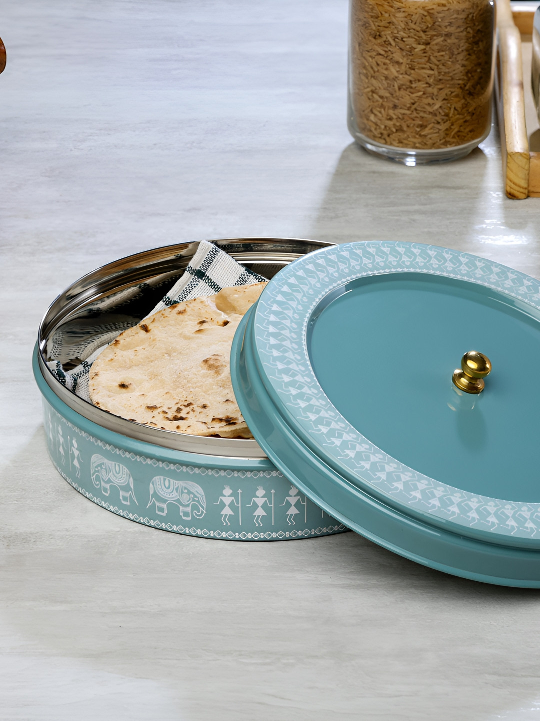 dudki Green Printed Stainless Steel Dishwasher Safe Roti Box