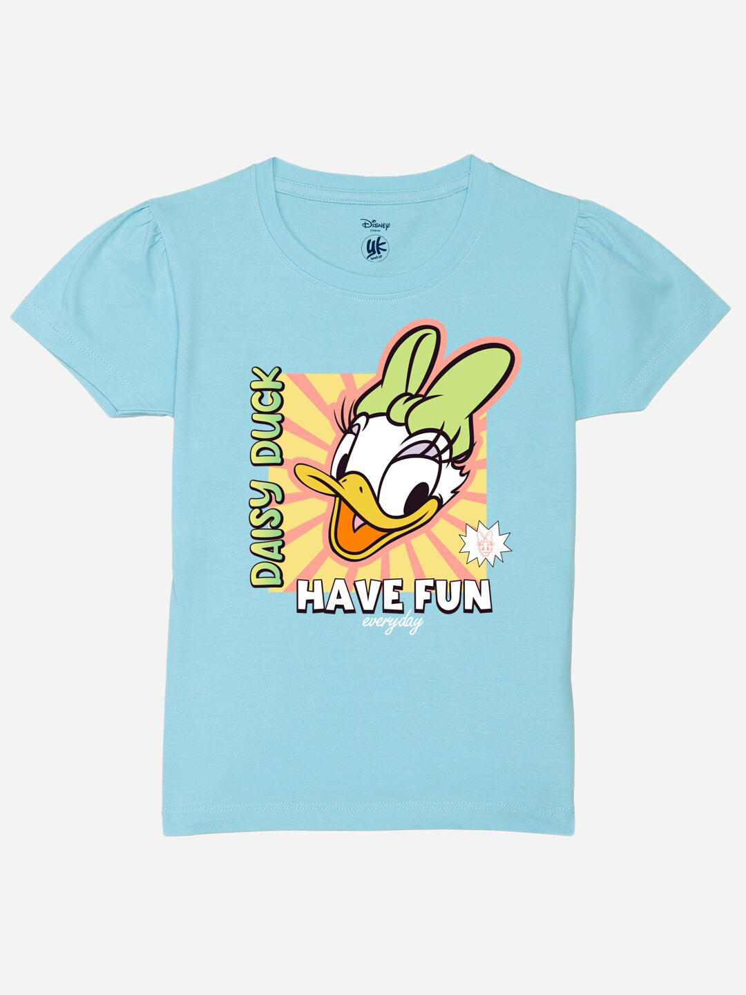 YK Disney Girls Daisy Duck Printed Round Neck Puff Sleeves Pure Cotton Regular T-shirt
