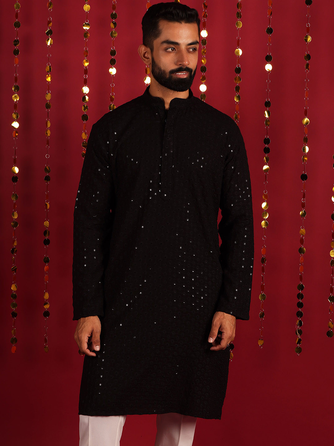 Lightpole Thread Work Sequinned Straight Pure Cotton Kurta