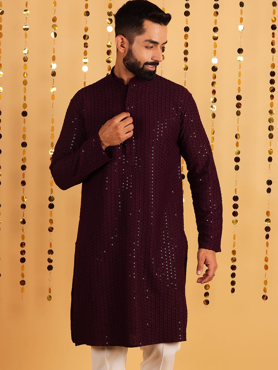 Lightpole Thread Work Sequinned Straight Pure Cotton Kurta