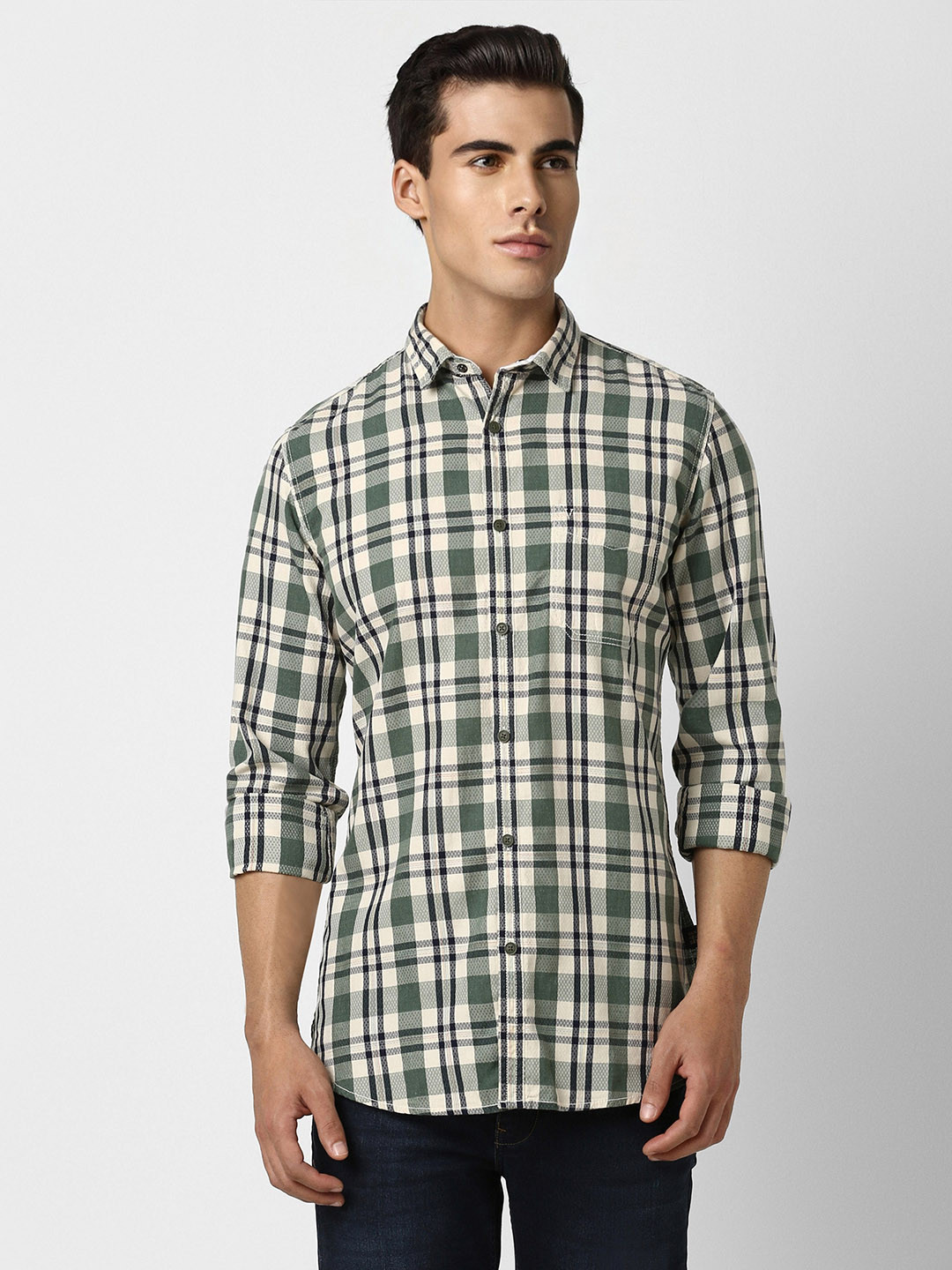 VAN HEUSEN DENIM LABS Men Green Slim Fit Checked Casual Shirt