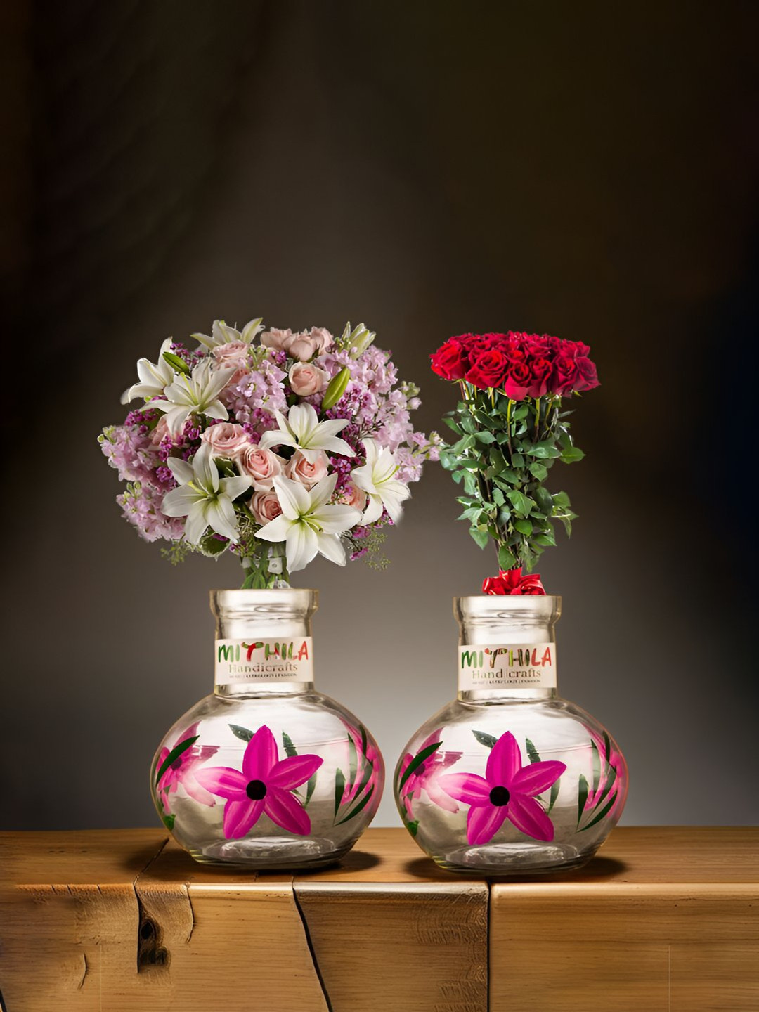 MITHILA Handicrafts Transparent 2 Pieces Floral Printed Round Glass Vases