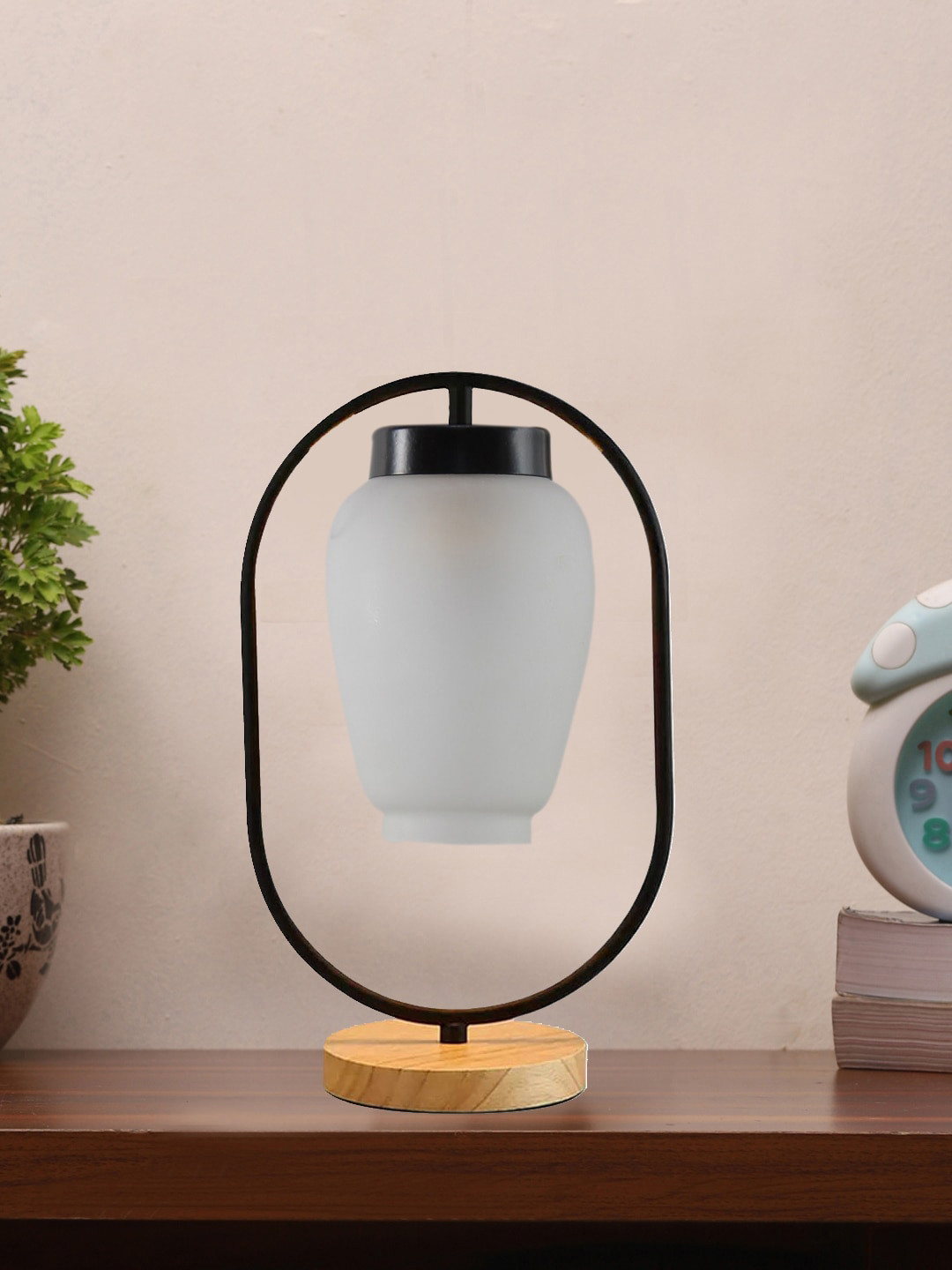 Devansh White Glass Wooden & Iron Table Lamp