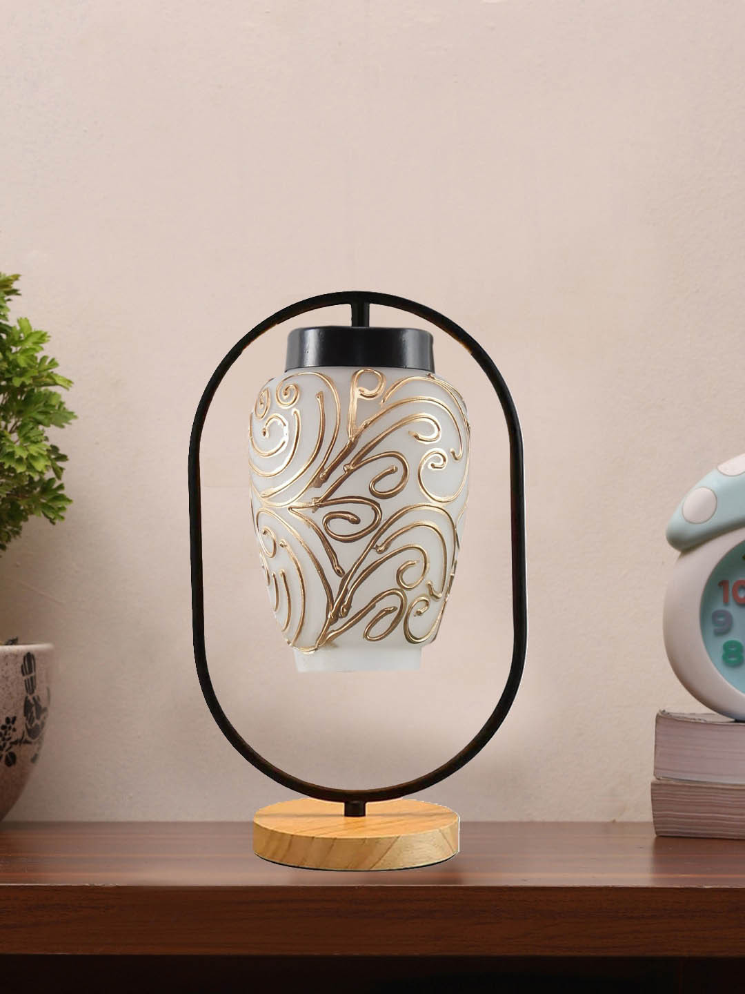 Devansh White & Gold Toned Self-designed Glass Wooden & Iron Table Lamp