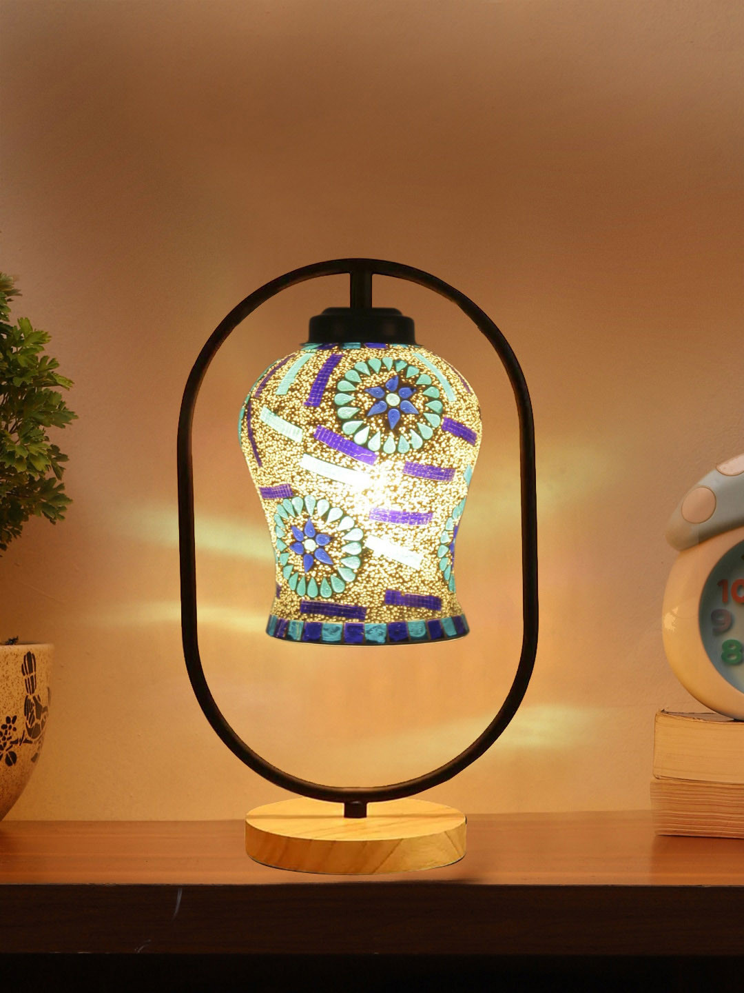 Devansh Black Glass Wooden & Iron Floral Design Abstract Shape Traditional Table Lamps