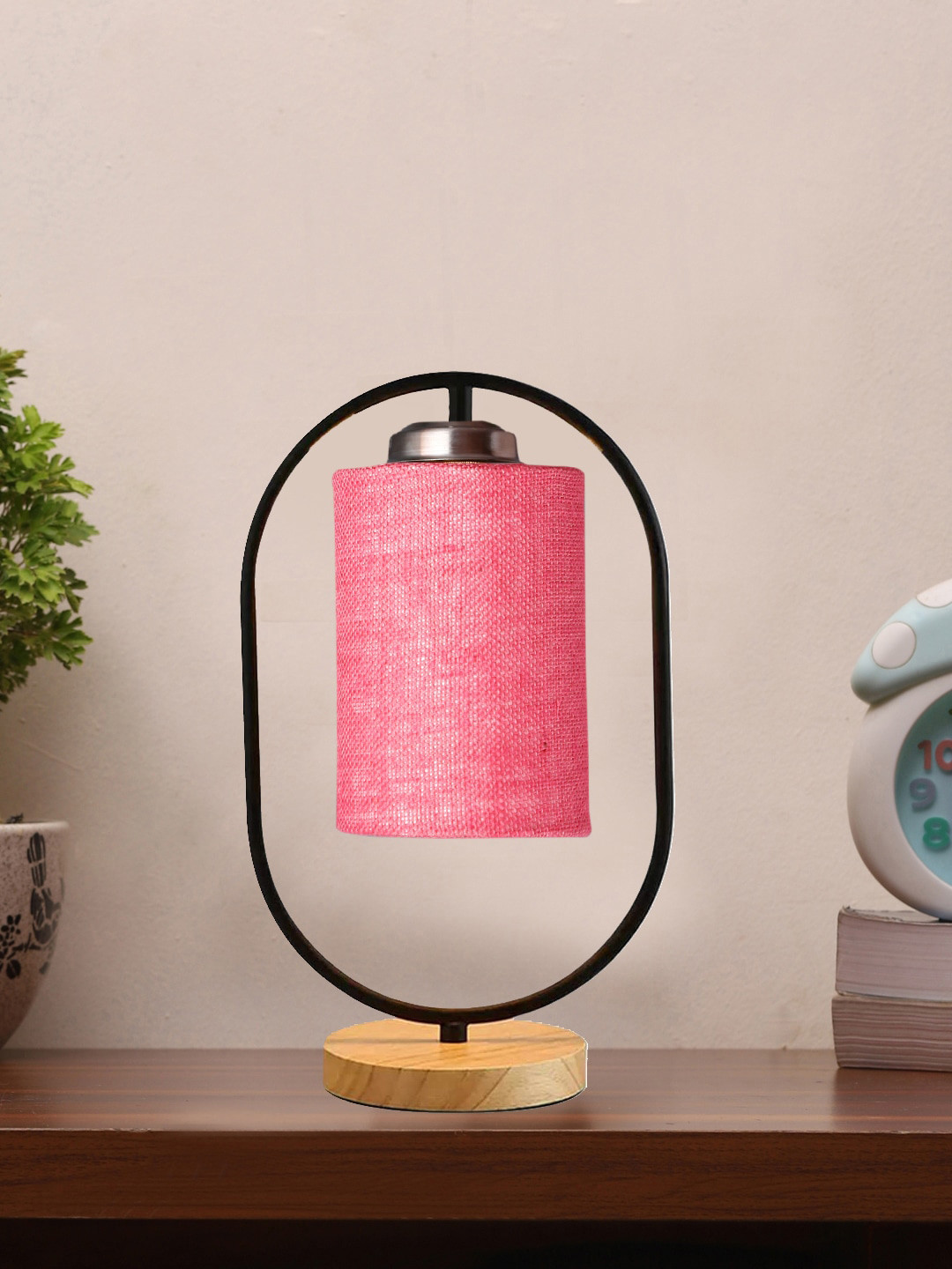 Devansh Black & Pink Jute Drum Wooden & Iron Cylinder Shape Contemporary Table Lamps