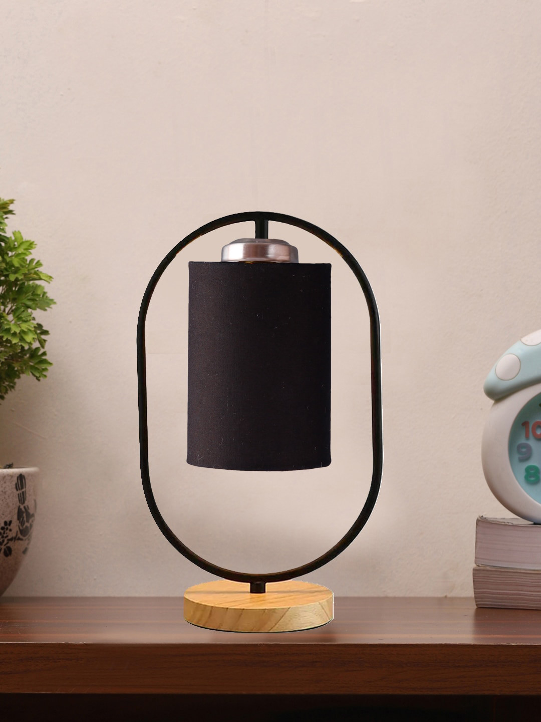 Devansh Black Cylinder Shape Cotton Drum Wooden & Iron Table Lamp