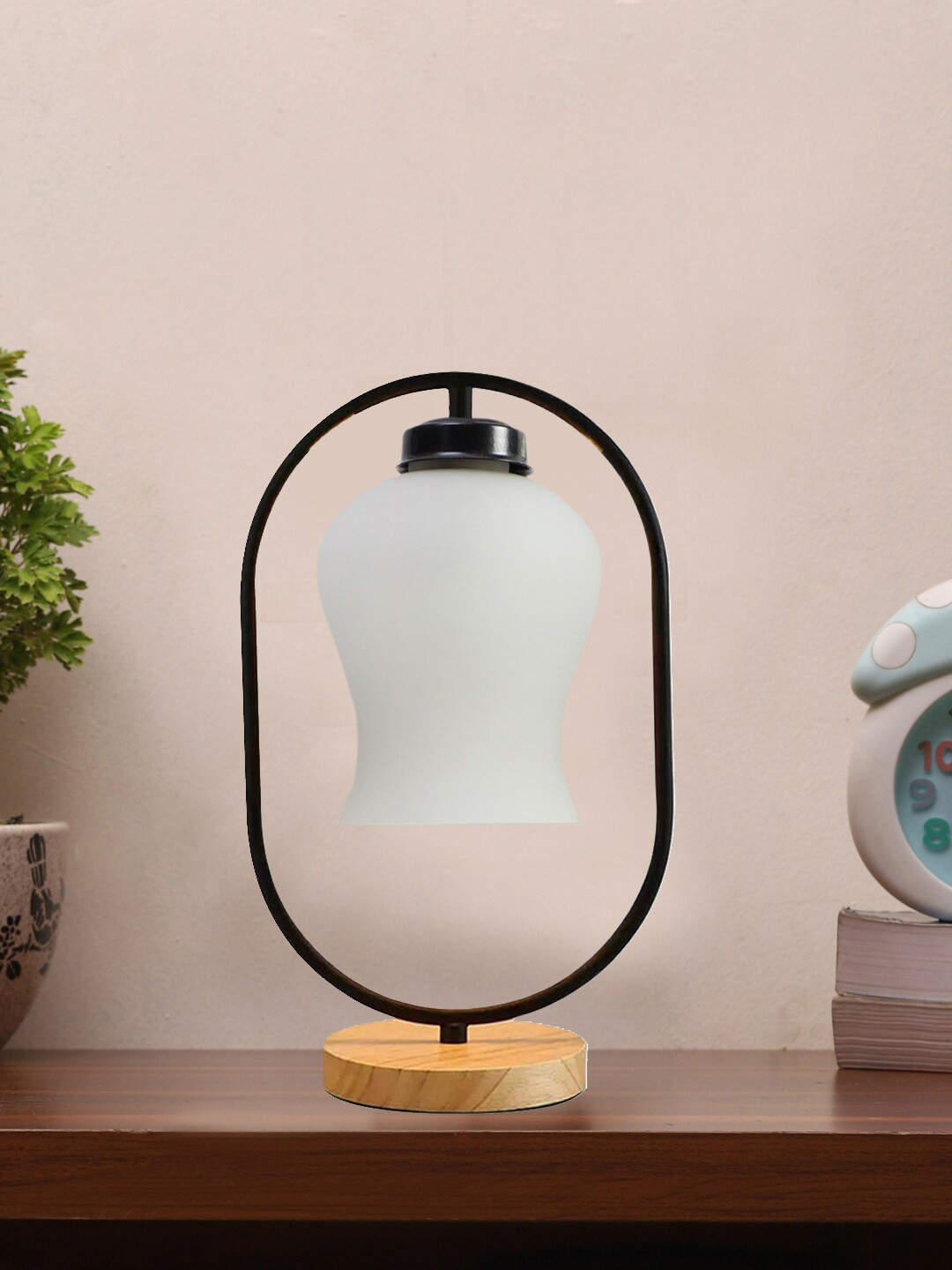 Devansh White & Black Abstract Shaped Glass Wooden & Iron Table Lamp