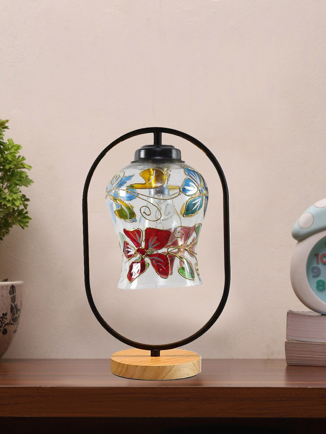 Devansh White & Red Floral Printed Traditional Glass Wooden & Iron Table Lamp