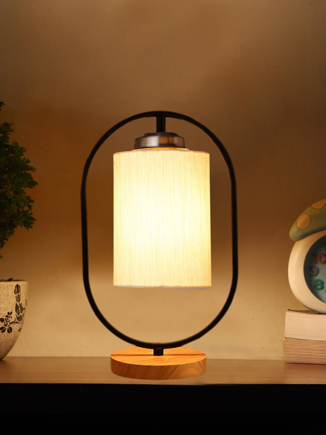 Devansh White Cotton Wooden & Iron Table Lamp