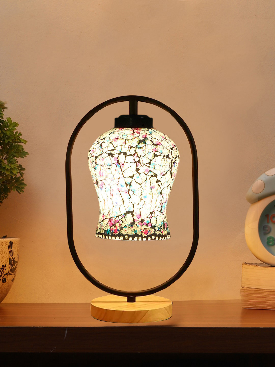 Devansh Blue Abstract Shaped Traditional Glass Wooden & Iron Table Lamp