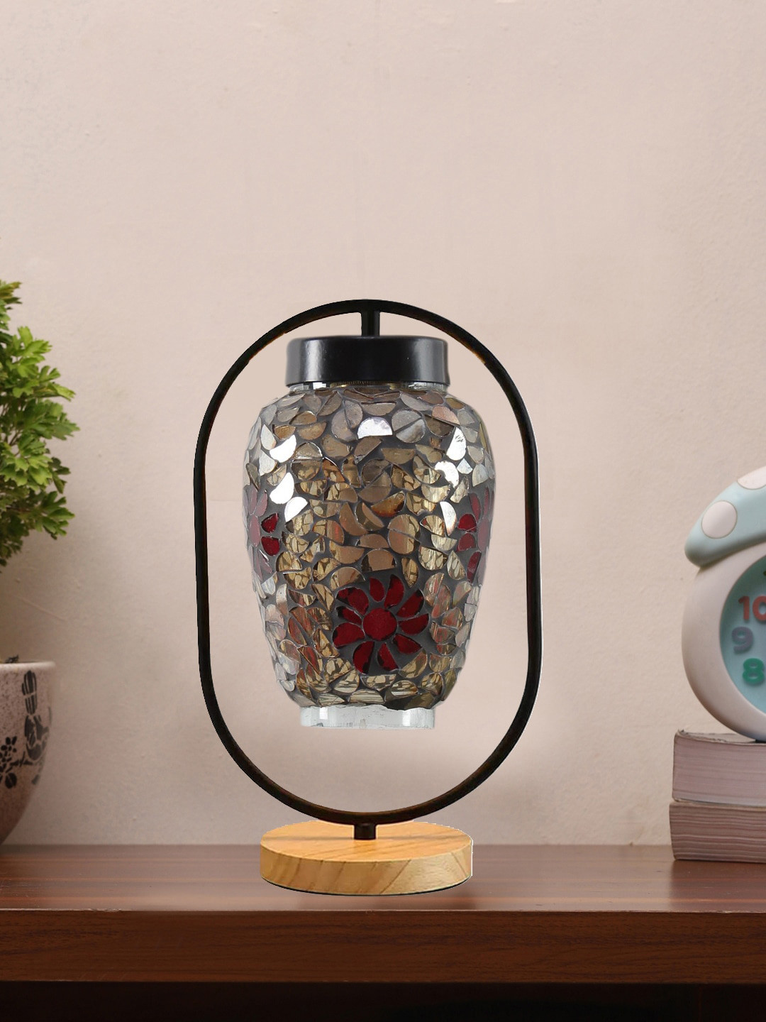 Devansh Grey & Metallic-toned Glass Wooden & Iron Table Lamp