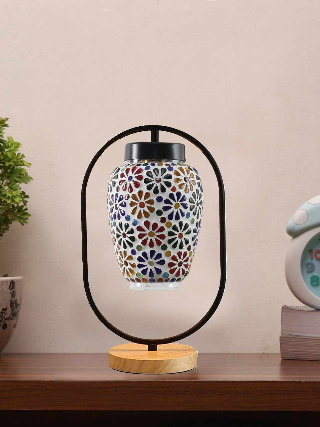 Devansh White & Red Textured Glass Wooden & Iron Table Lamp
