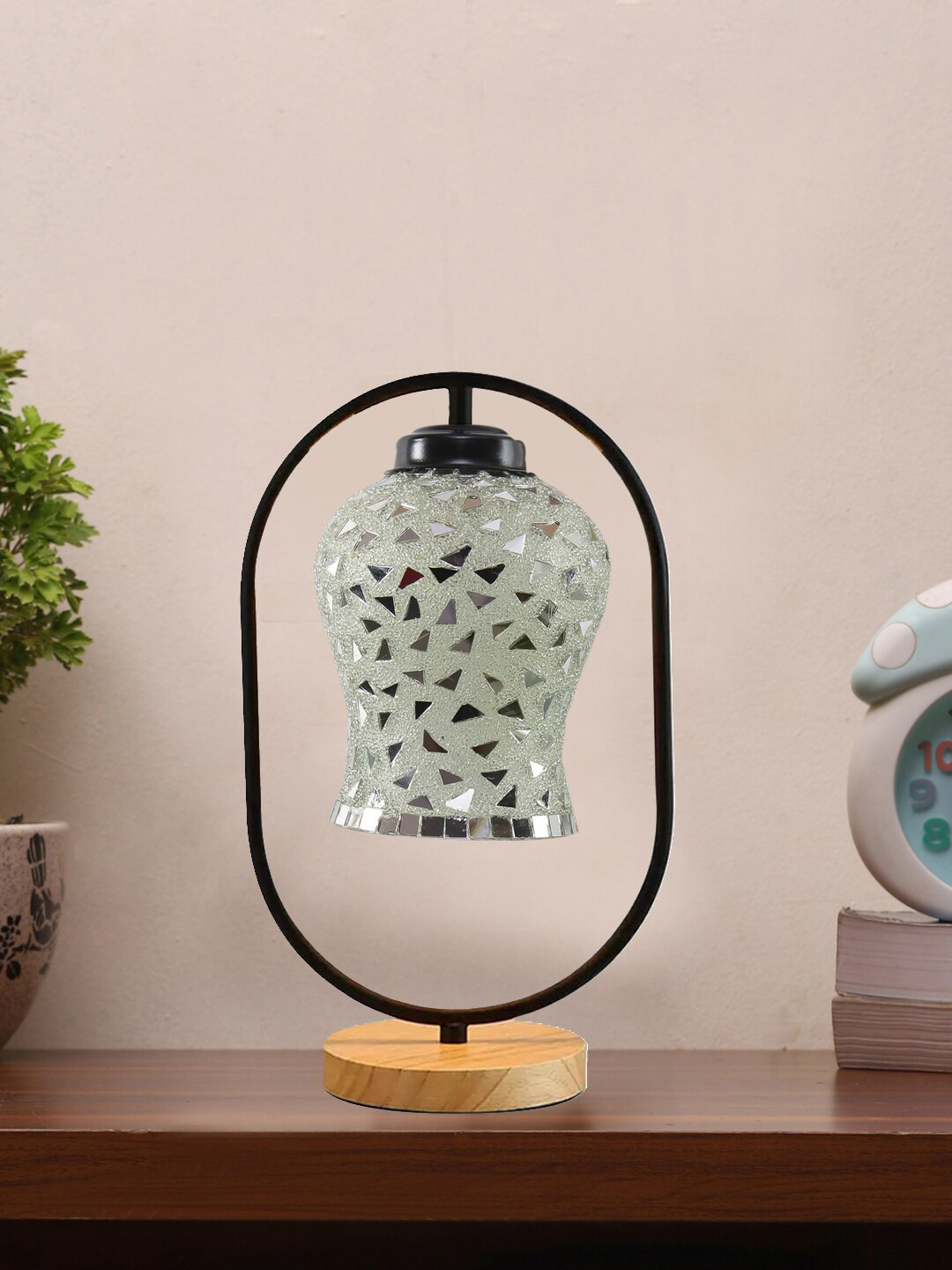 Devansh Metallic Toned & Black Glass Wooden & Iron Table Lamp