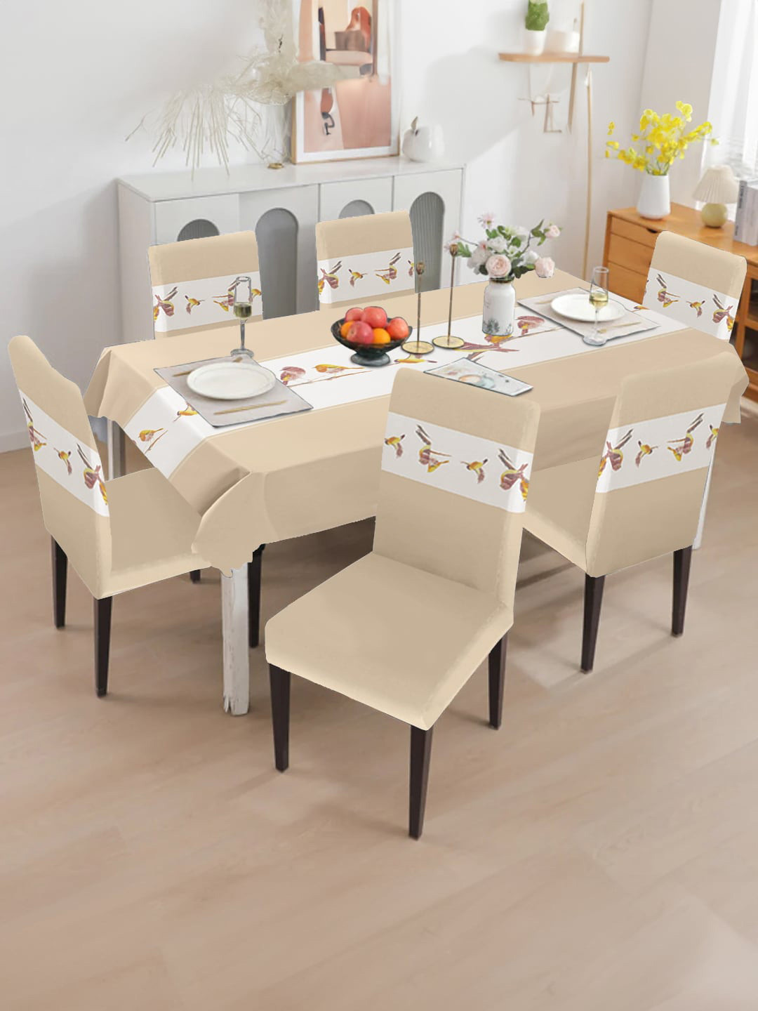 Cortina Beige & White 7 Pieces Bird Printed Chair Covers & Table Cover