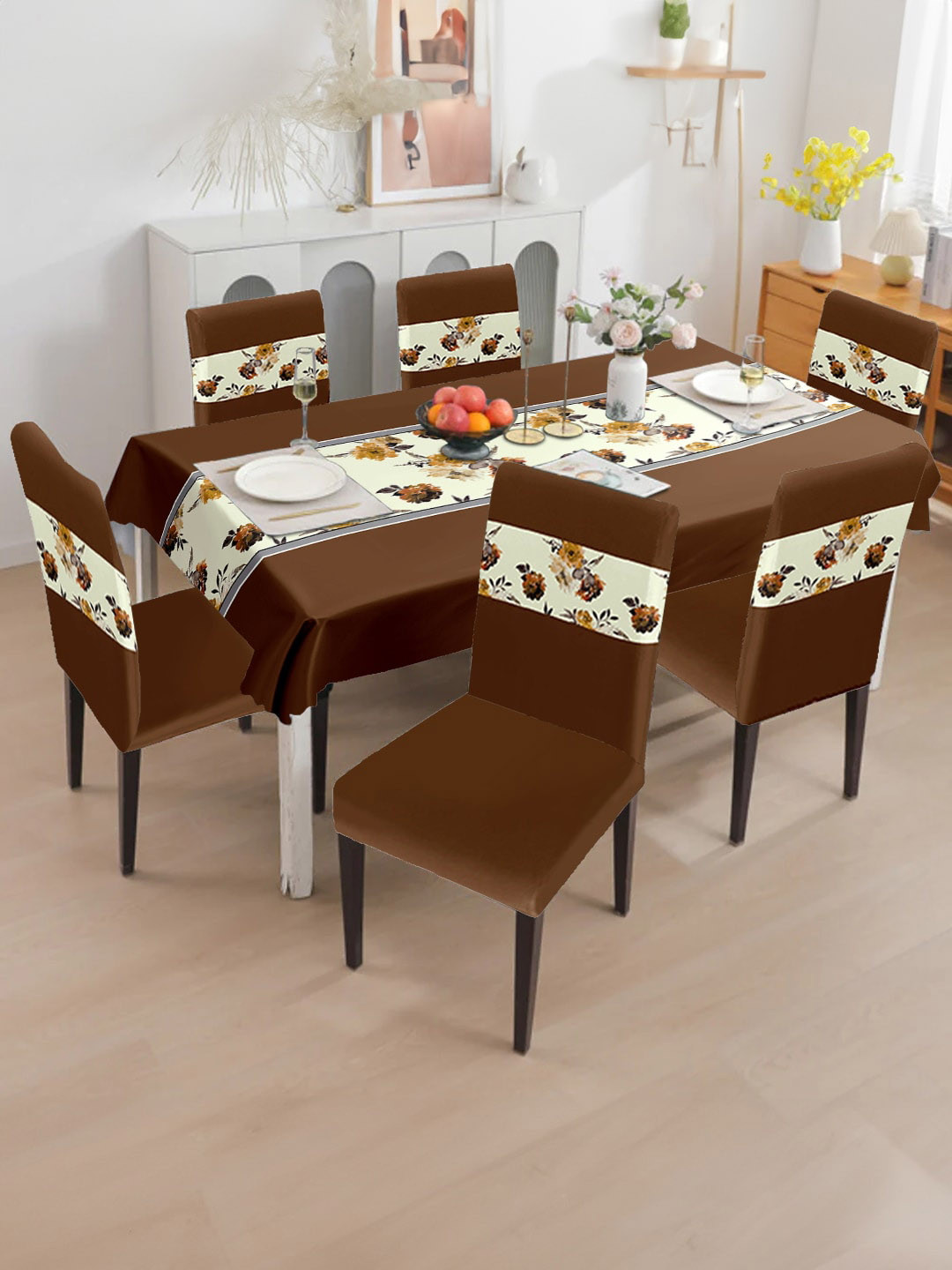 Cortina 7Pcs Brown & Cream Printed Waterproof 1 Table Cover With 6 Dining Chair Covers