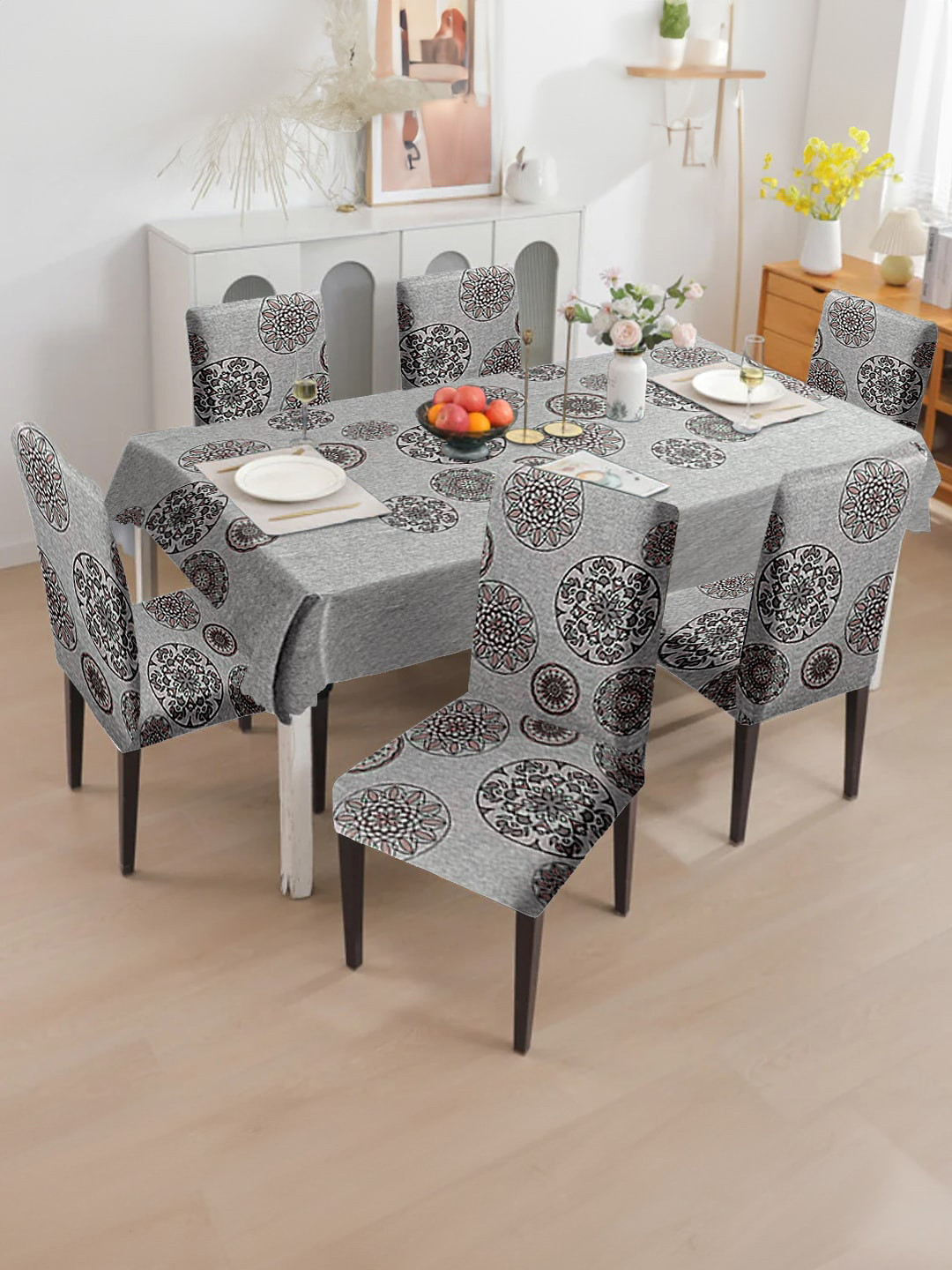 Cortina 7 Pcs Grey & Brown Printed Waterproof 1 Table Cover With 6 Dining Chair Covers