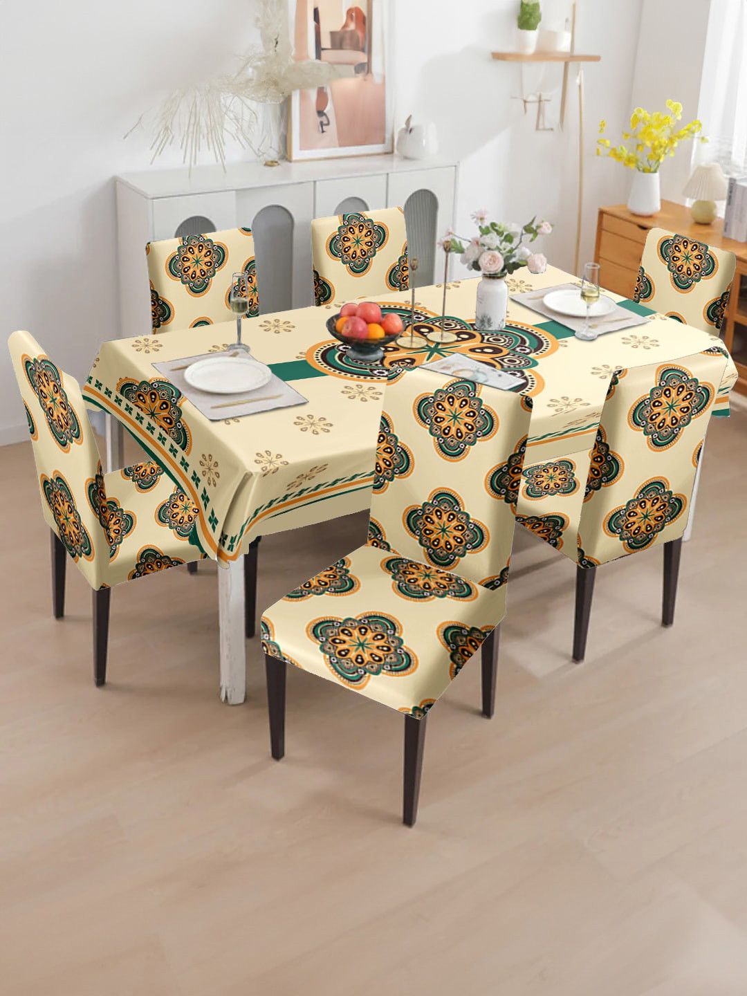 Cortina Cream & Green 7 Pcs Printed Waterproof 1Table Cover With 6 Dining Chair Covers