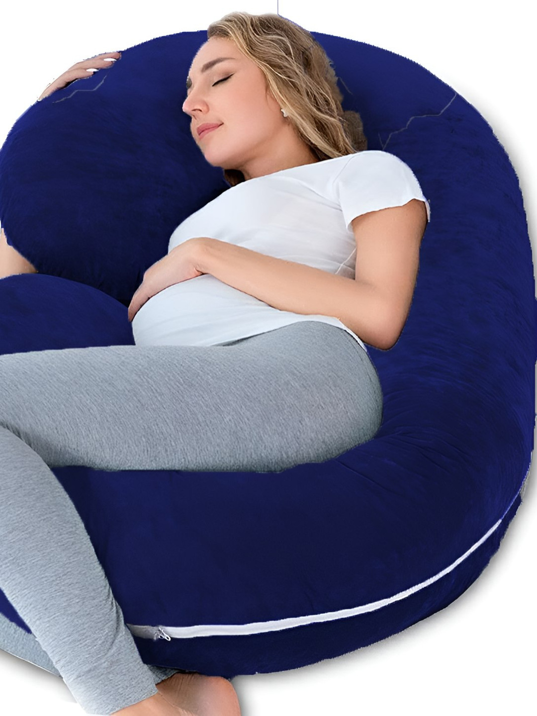 Mom's Moon Navy Blue Solid Faux Velvet Lightweight Firm Fibre Maternity Pillow-76.2 x 139.7 x 19.8 cm