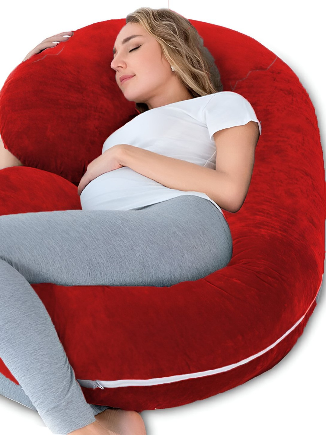 Mom's Moon Red Solid Faux Velvet Lightweight Firm Fibre Maternity Pillow-76.2 x 139.7 x 19.8 cm