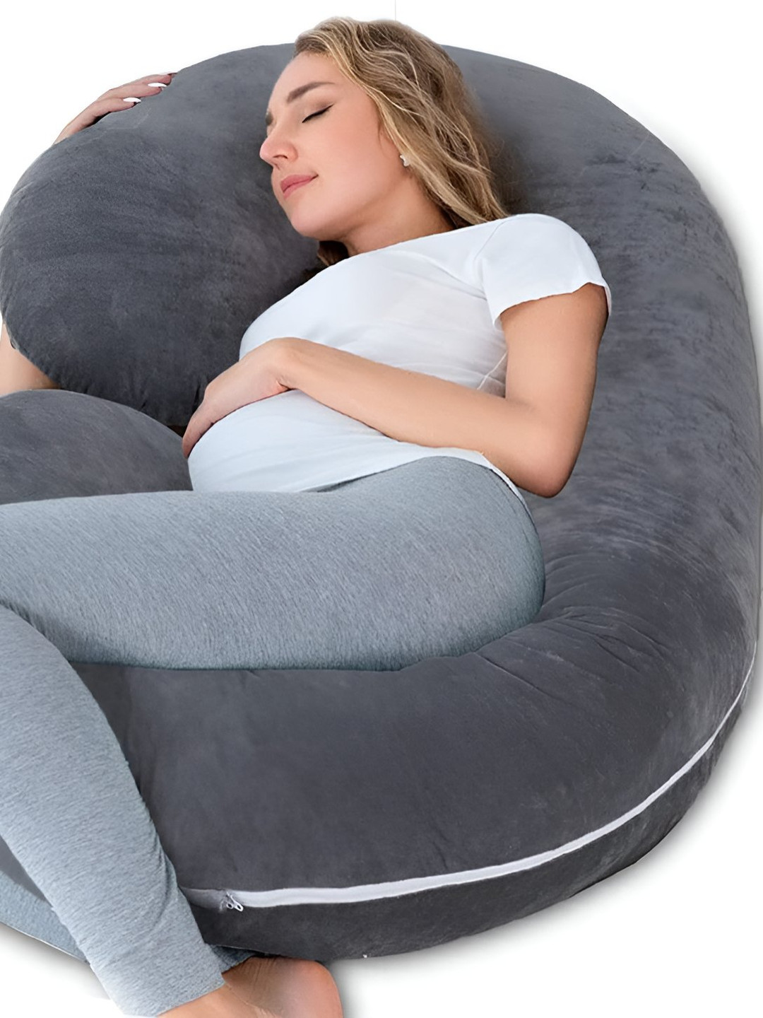 Mom's Moon Grey Solid Faux Velvet Lightweight Firm Fibre Maternity Pillow-76.2 x 139.7 x 19.8 cm