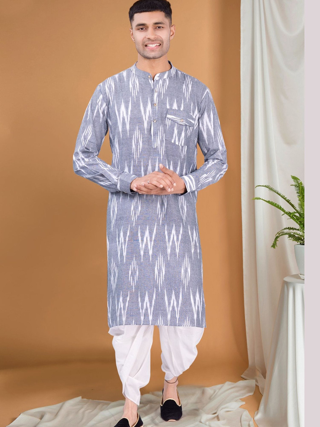 SHIWAM ETHNIX Ikat Printed Mandarin Collar Pastel Kurta with Dhoti Pants