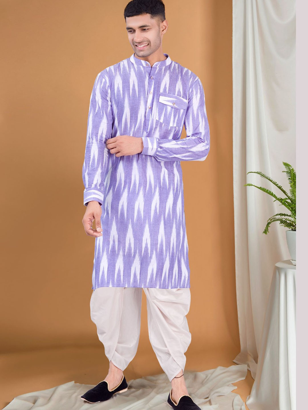 SHIWAM ETHNIX Geometric Printed Mandarin Collar Ikat Kurta With Dhoti Pants