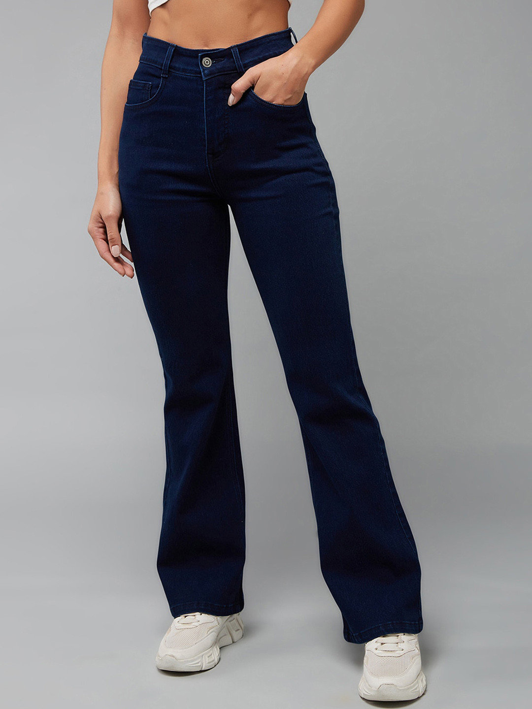 DOLCE CRUDO Women Navy Blue Bootcut Shaping High-Rise Stretchable Jeans