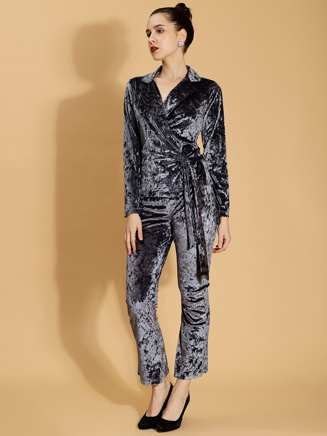 DressBerry Lapel Collar Velvet Tie-Ups Top With Trouser