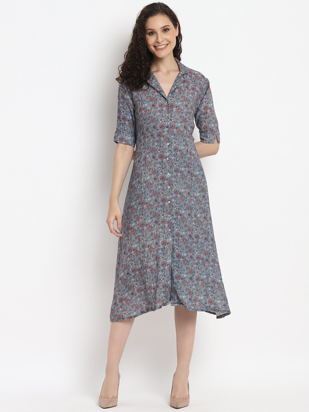 Porsorte Floral Printed Lapel Collar Loose Fit A-Line Dress