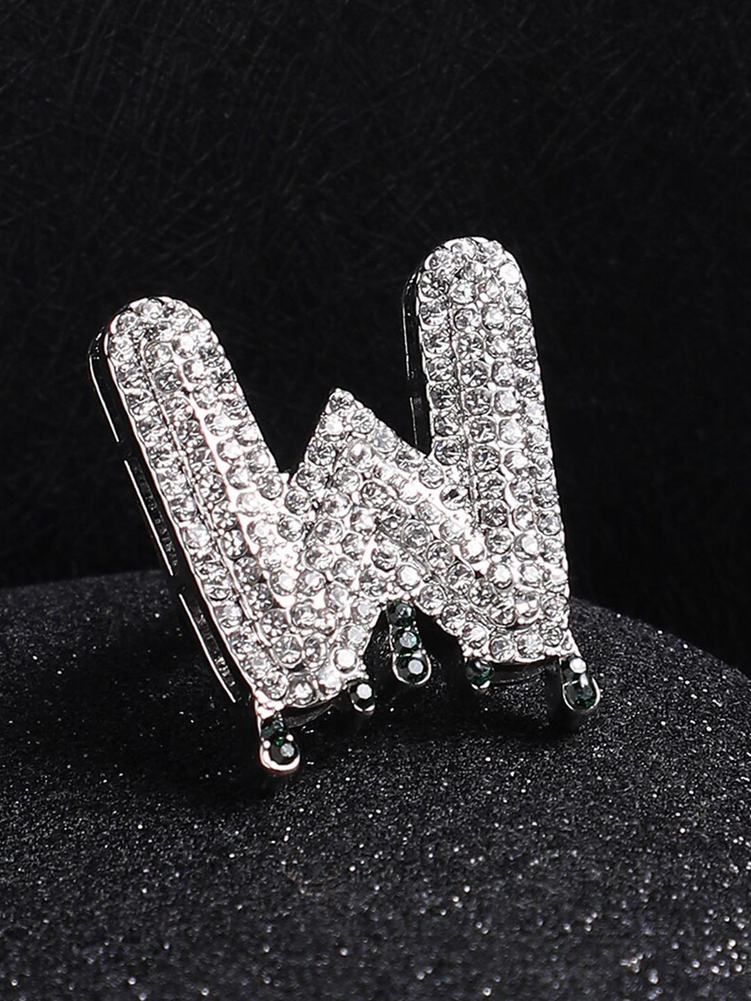 French Accent Men Silver-Plated Stone Studded W Alphabet Ring