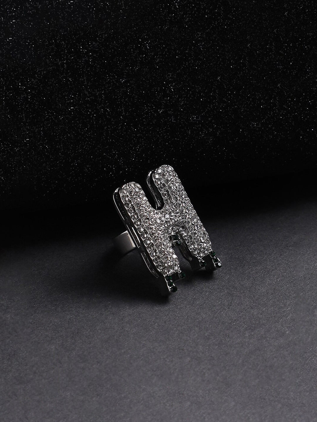French Accent Men Silver-Plated Stone Studded H Alphabet Ring