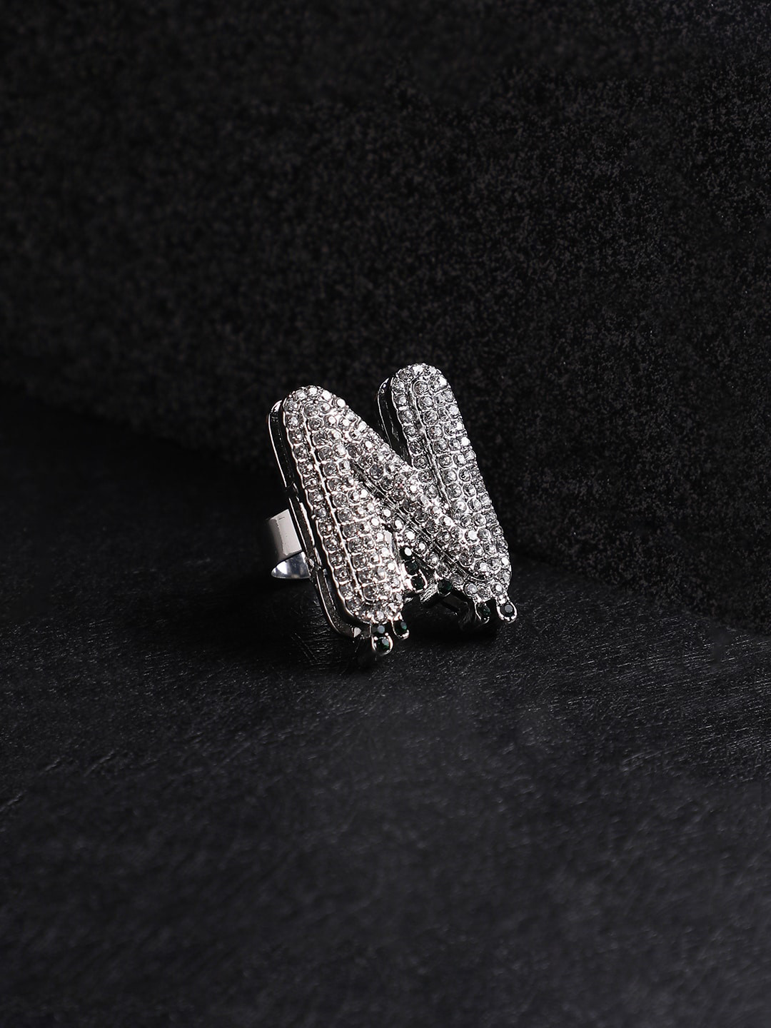 French Accent Men Silver-Plated Stone Studded Ring