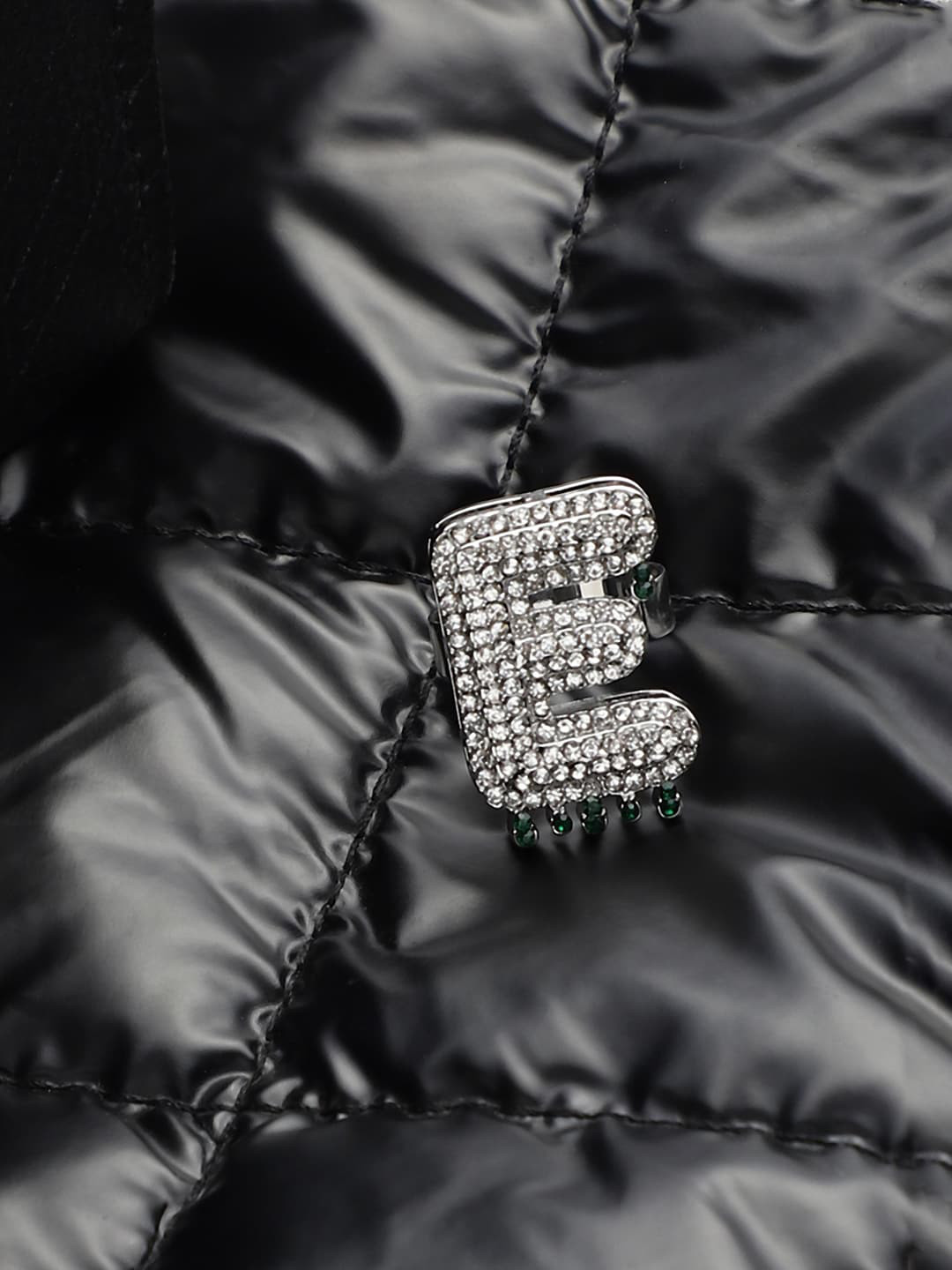 French Accent Men Silver-Plated Stone Studded E Alphabet Ring