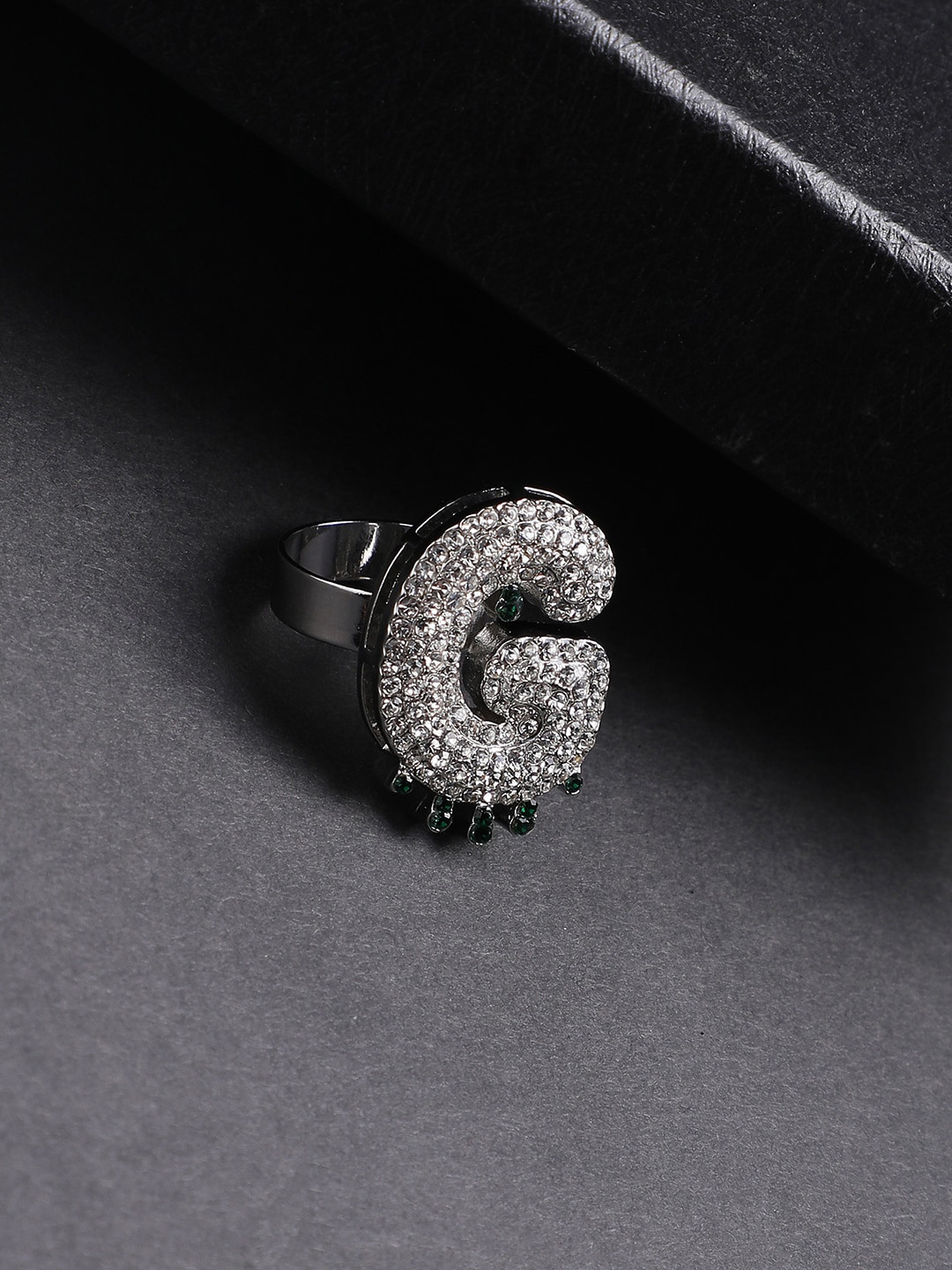French Accent Men Silver-Plated Stone Studded G Alphabet Ring