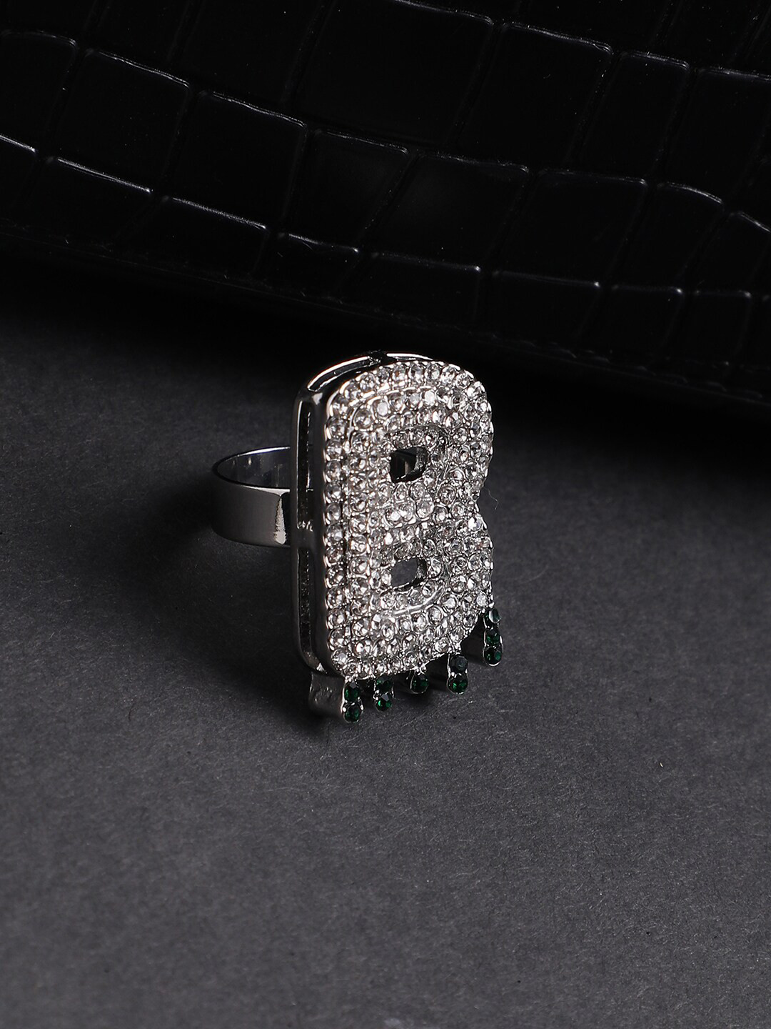 French Accent Men Silver-Plated Stone Studded B Alphabet Ring