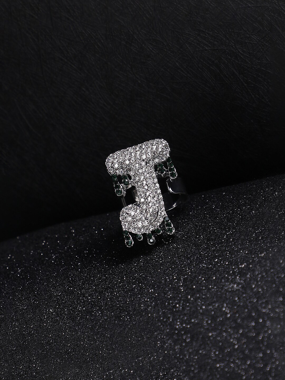 French Accent Men Silver-Plated Stone Studded J Alphabet Ring