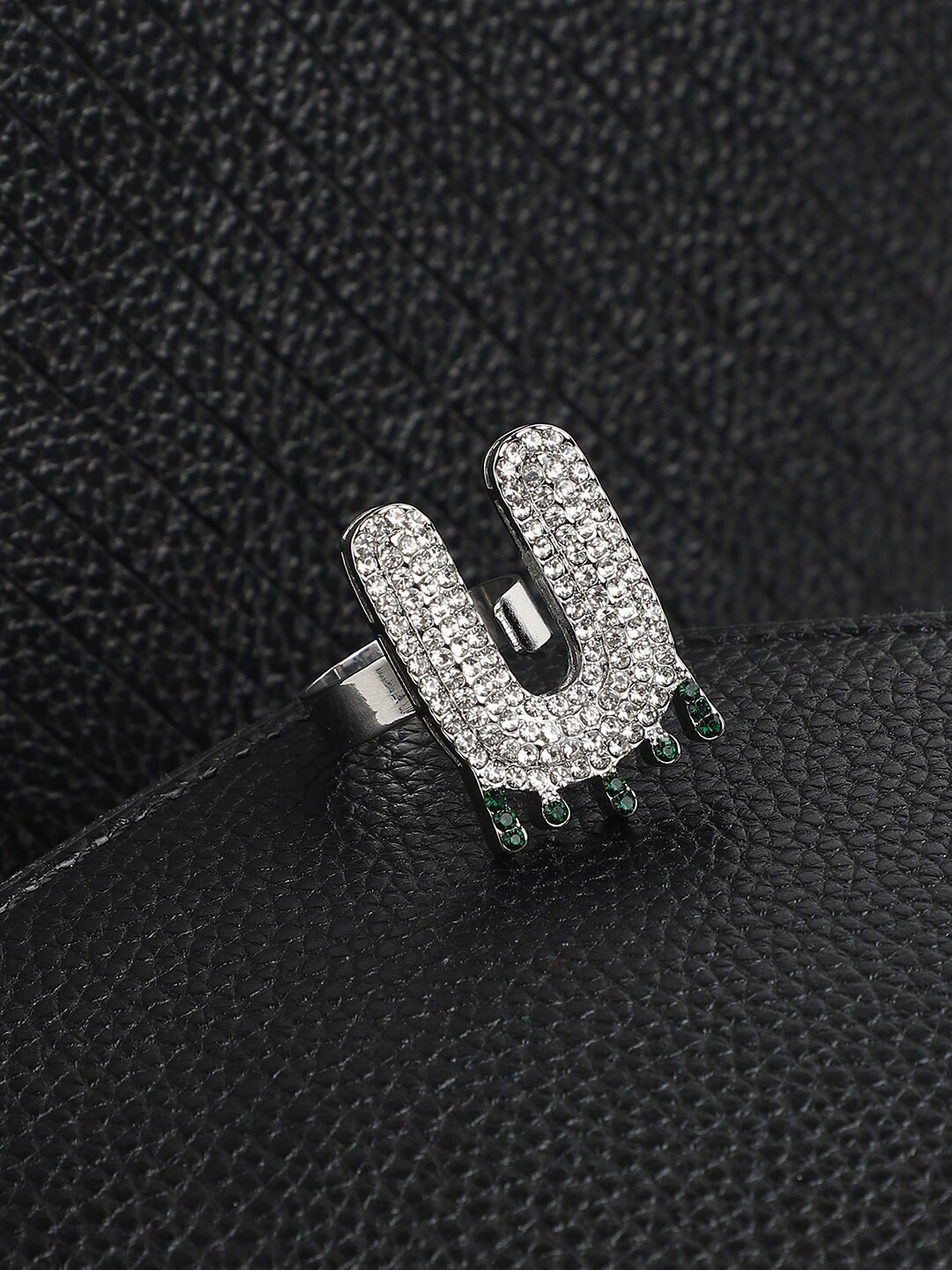 French Accent Men Silver-Plated Stone Studded U Alphabet Ring