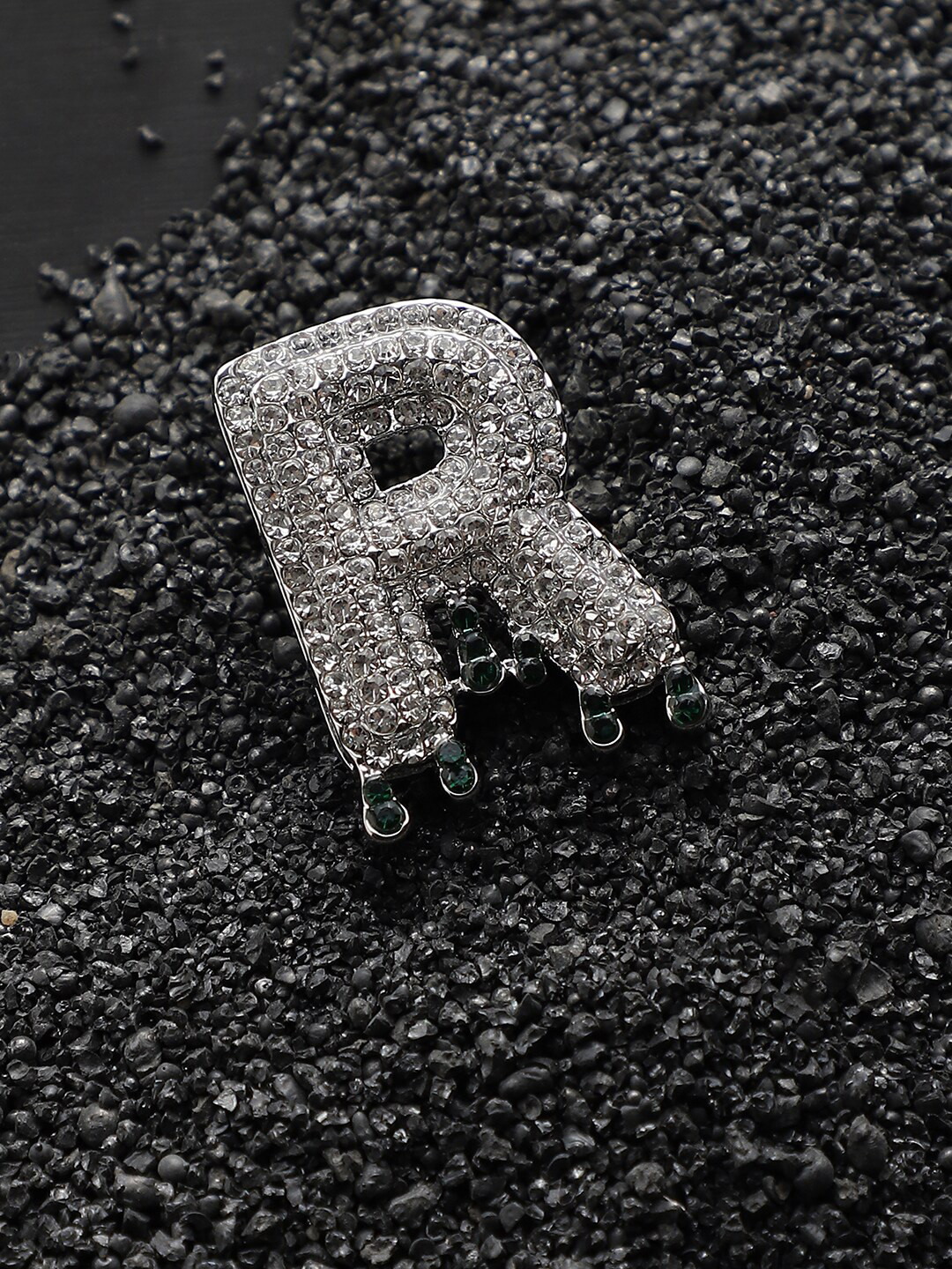French Accent Men Silver-Plated Stone Studded R Alphabet Ring