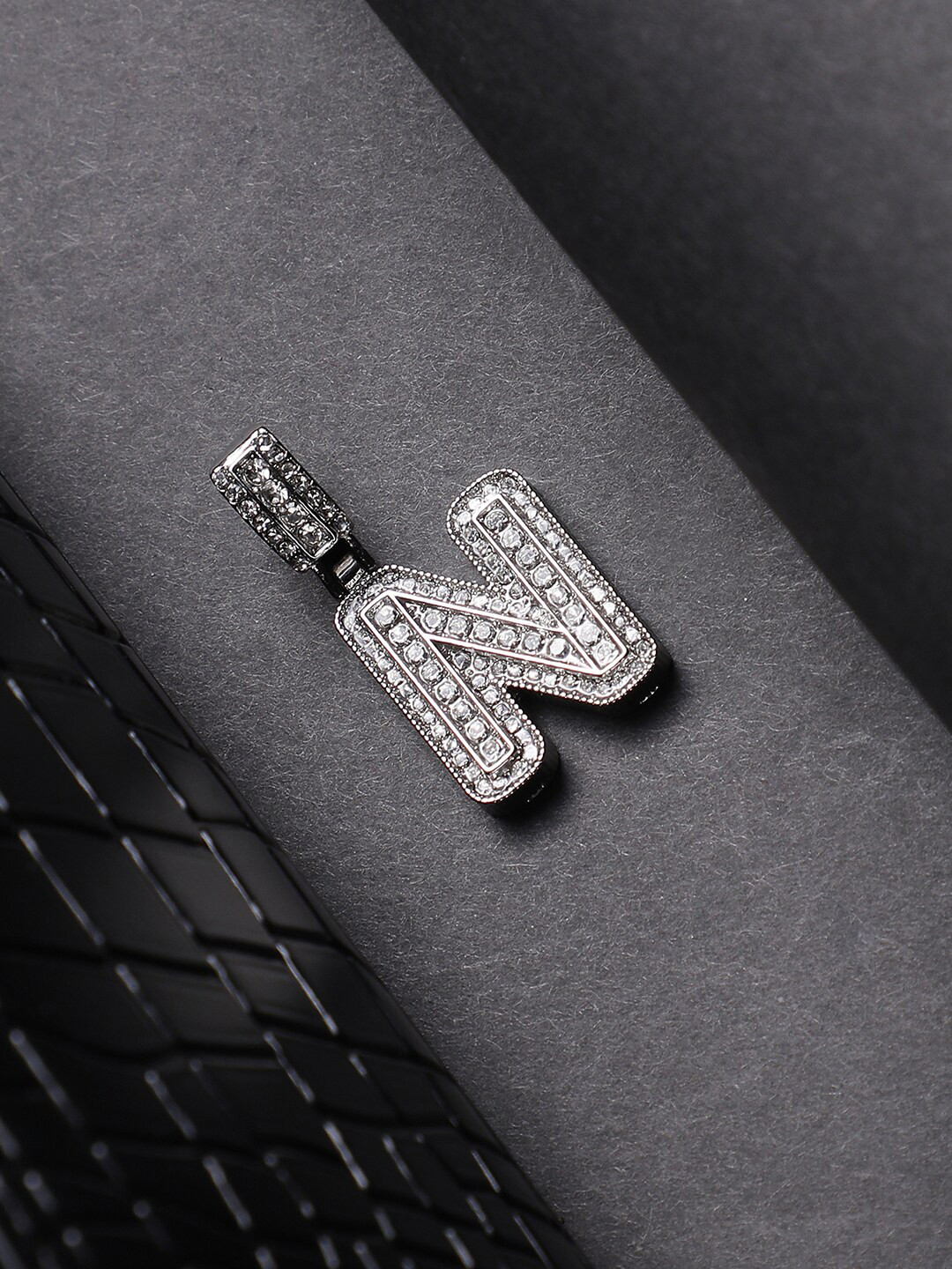 French Accent Men Silver Plated Stone Studded N Alphabet Pendant With Chain