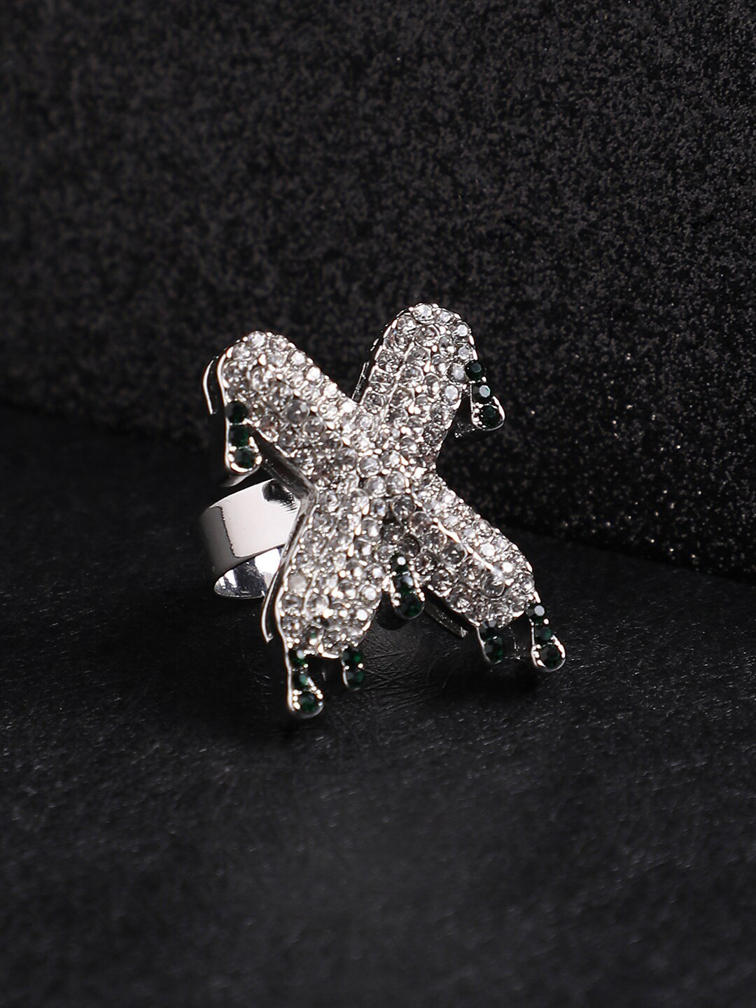 French Accent Men Silver-Plated Stone Studded X Alphabet Ring