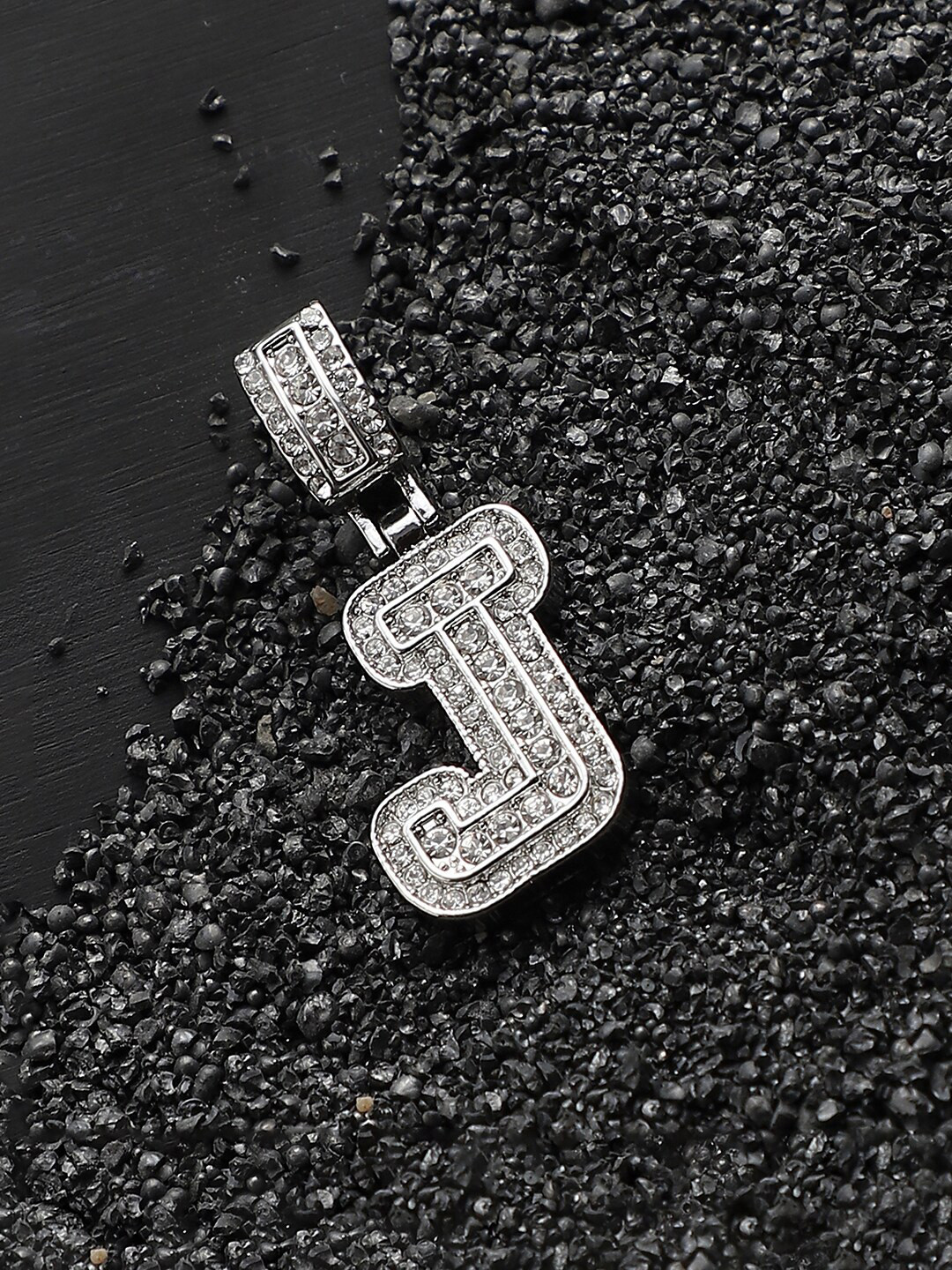French Accent Silver-Plated Artificial Stone Studded J Alphabet Pendent