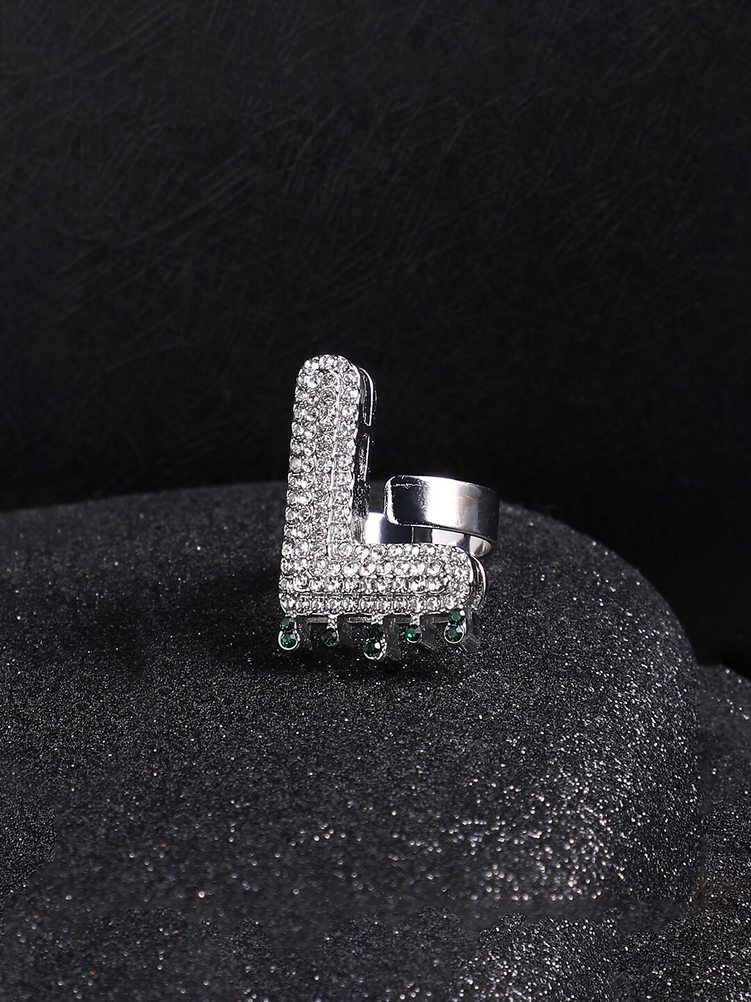French Accent Men Silver-Plated Stone Studded L Alphabet Ring