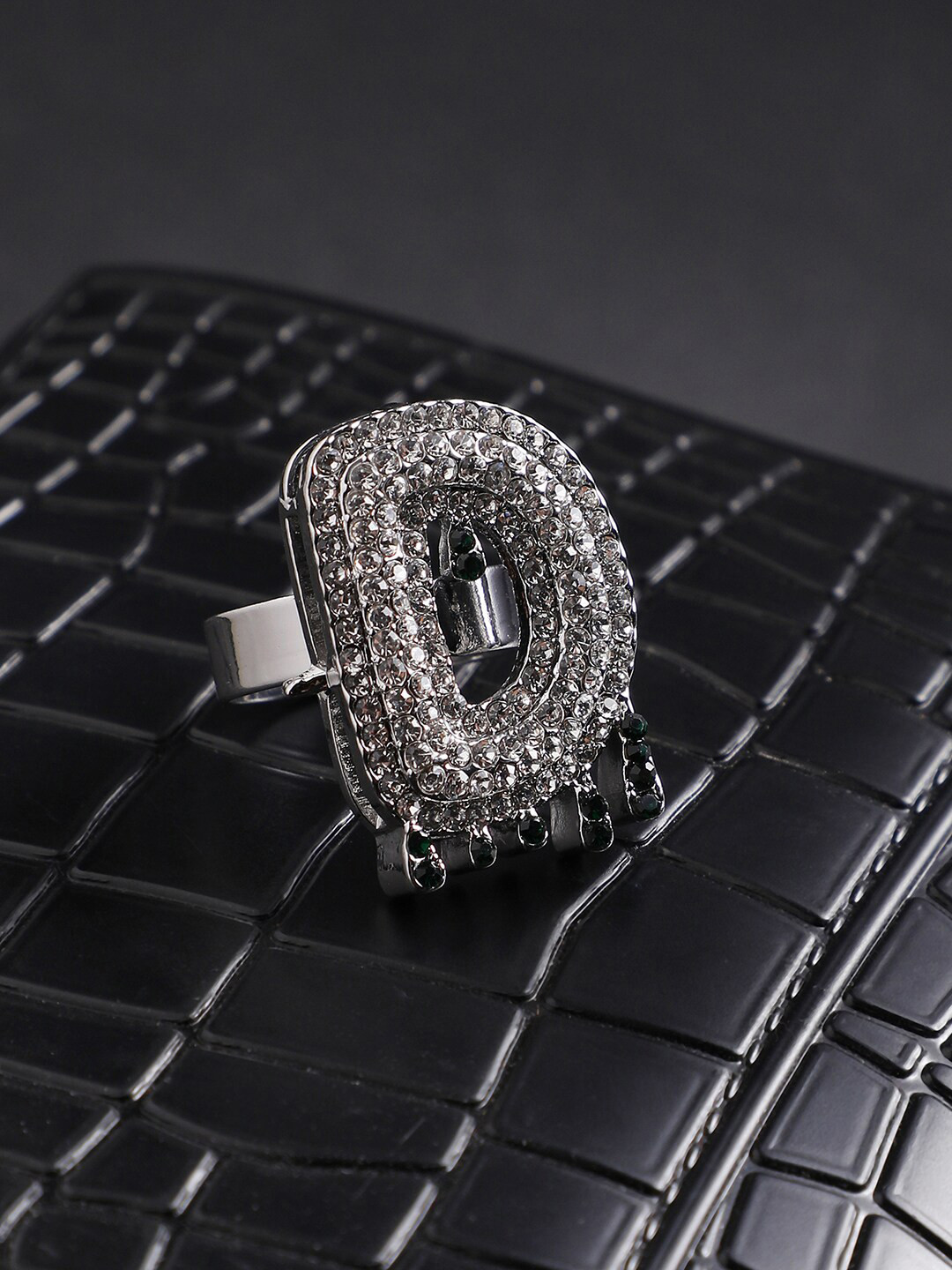 French Accent Men Silver-Plated Stone Studded Ring