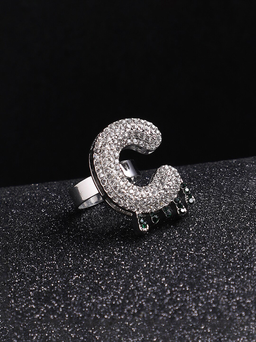 French Accent Men Silver-Plated Stone Studded C Alphabet Ring