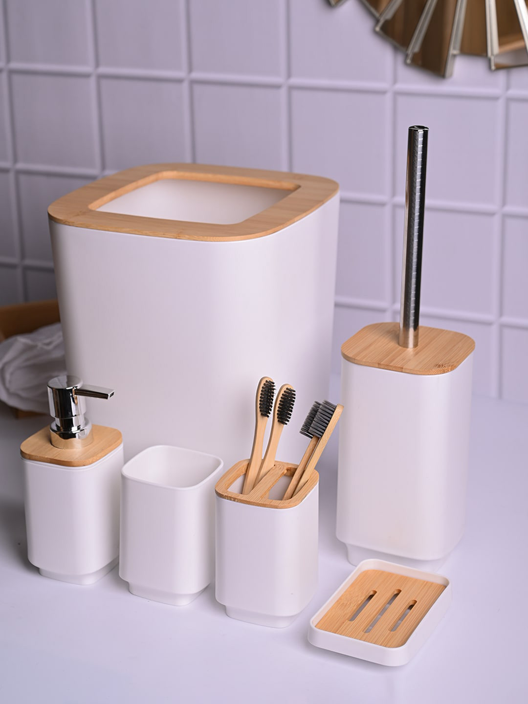 MARKET99 White & Beige Plastic Solid Bathroom Accessories Set