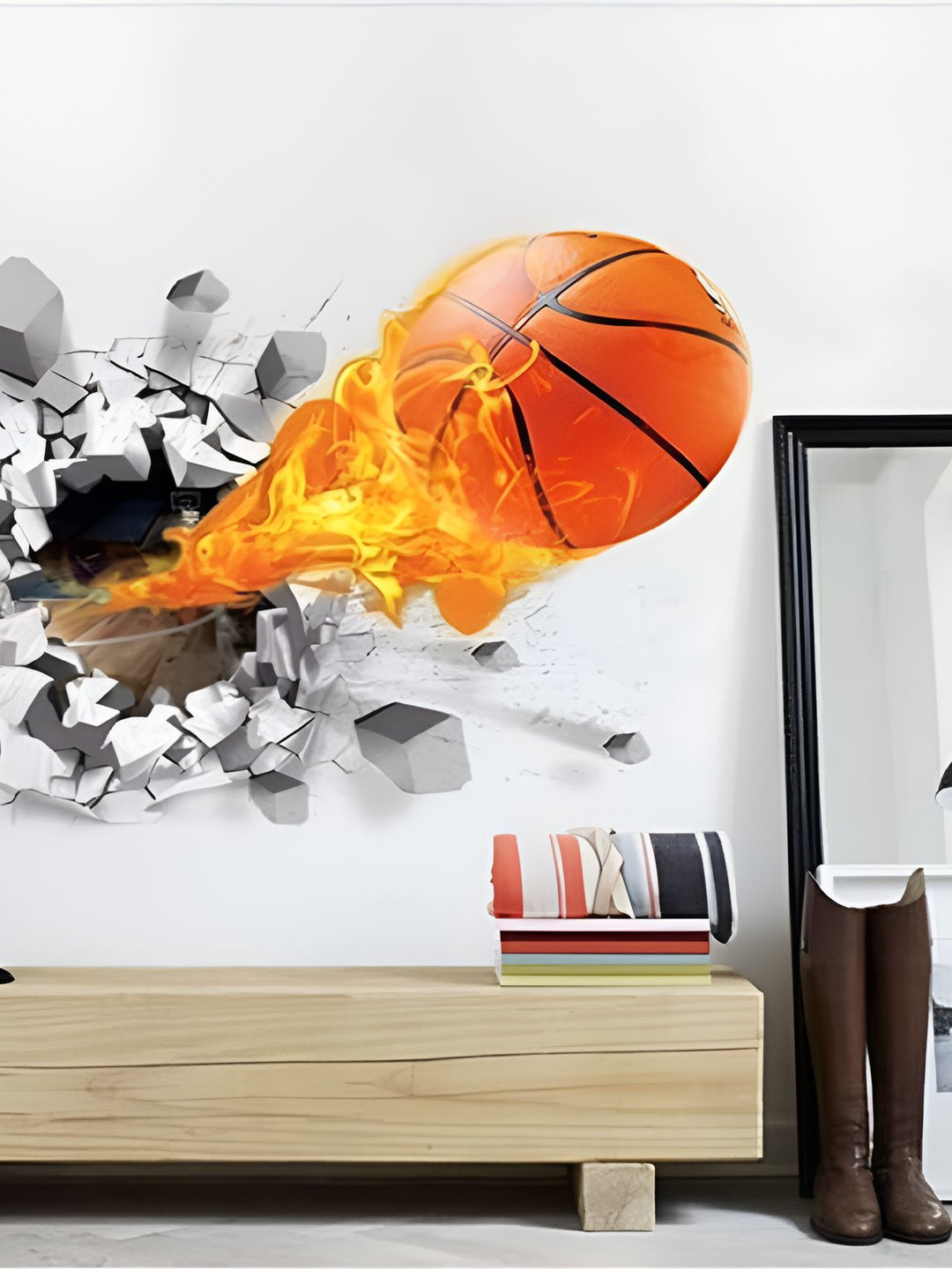 Univocean White & Orange Fire Basketball Self Adhesive 3D Wallpaper