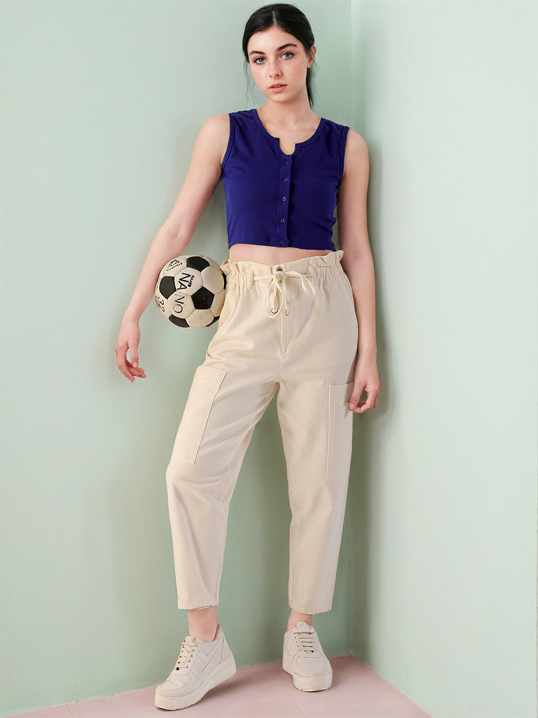 Freehand by The Indian Garage Co Navy Blue Notched Neck Sleeveless Fitted Crop Top