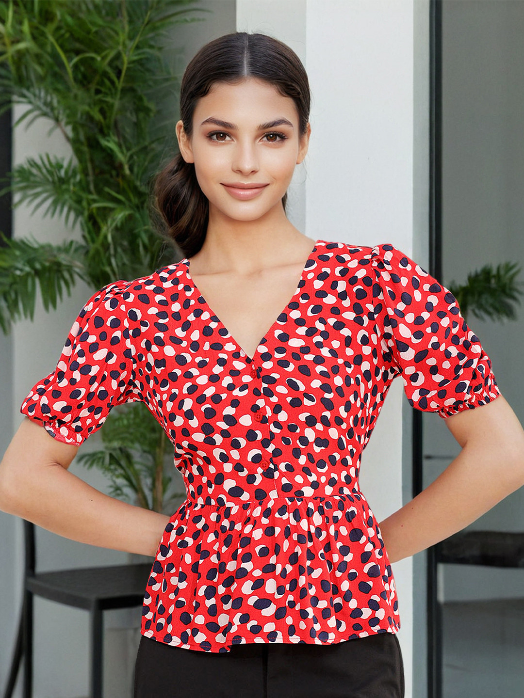 Freehand by The Indian Garage Co Red, White  Black Geometric Printed V-Neck Puff Sleeve Peplum Top